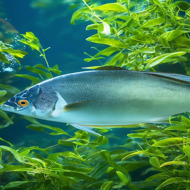 a fish is swimming in an aquarium with green plants