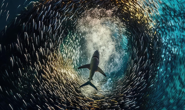 a fish is swimming in a large fish tank with a shark in the middle