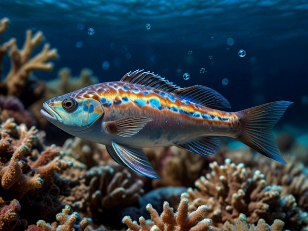 a fish is swimming in an underwater tank with other fish