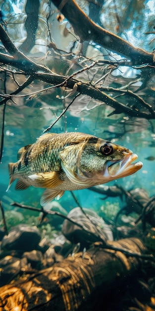 a fish is swimming in the water with a branch in the foreground