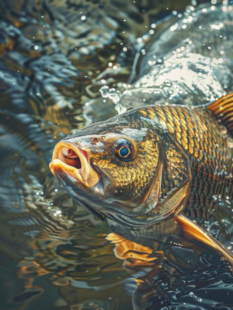 Fish is swimming in water with its mouth open