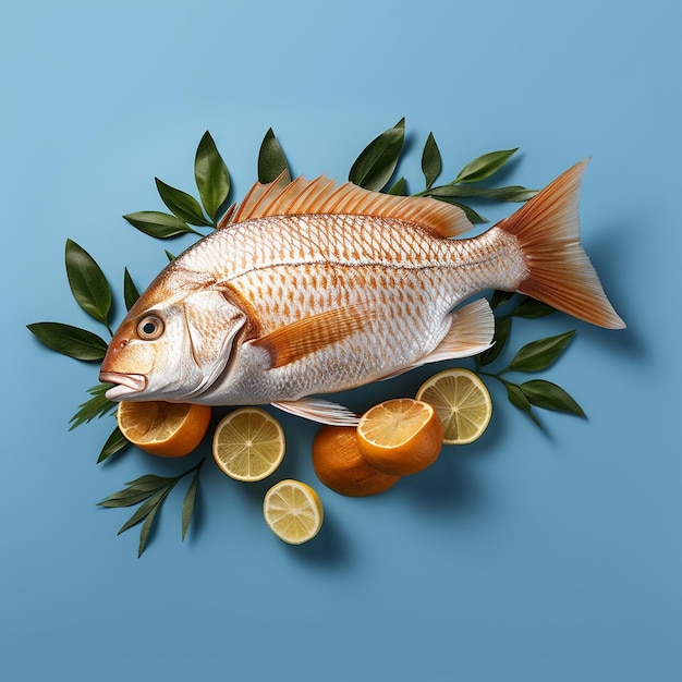 a fish is on a table with oranges and lemons.