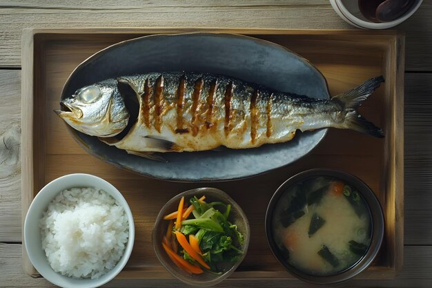 a fish is on a tray with a bowl of soup and a bowl of rice