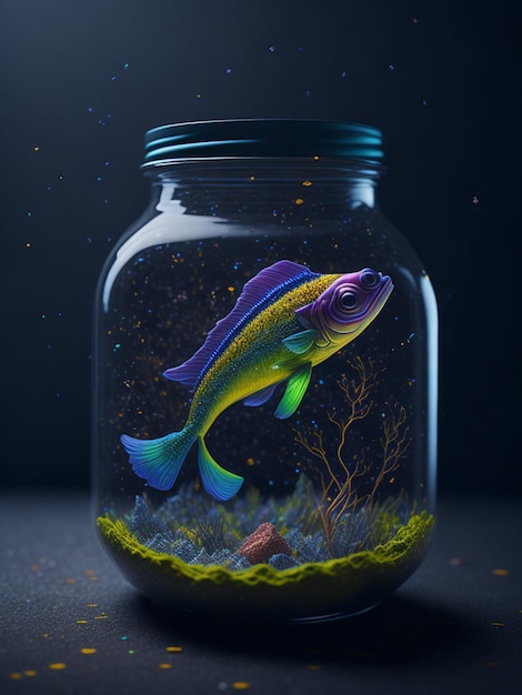 A fish in a jar with a blue and green label.