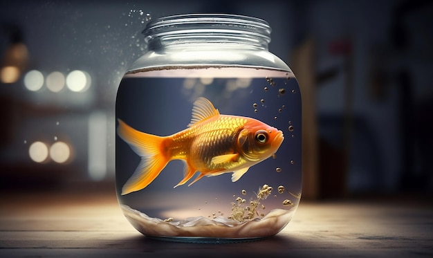 a fish in a jar with a goldfish in it