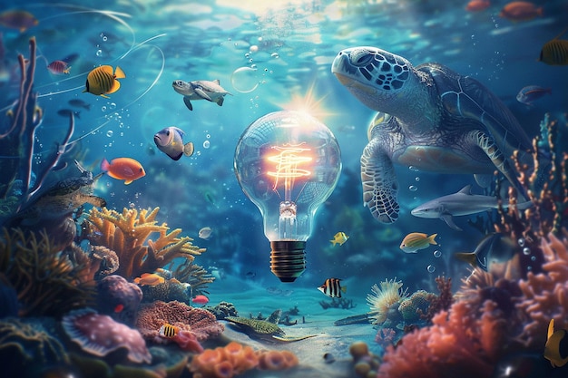 a fish and a light bulb in the water