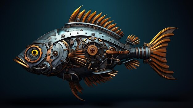 A fish made out of mechanical parts on a black background