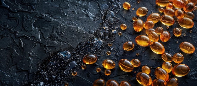 Photo fish oil capsules cascading on a dark surface