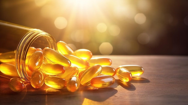 Fish oil omega 3 gel capsules on golden bokeh background