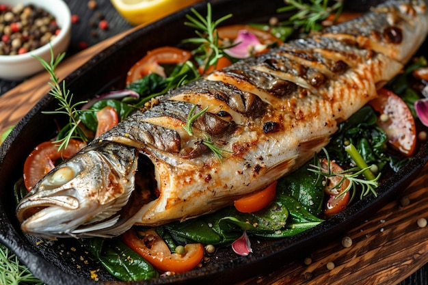 Fish in oily sauce spinach dry fruits lemon spices top view