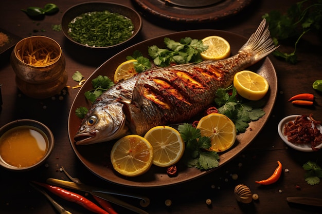 a fish on a plate with lemons and herbs