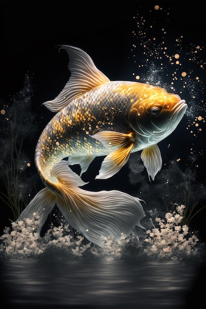 A fish in a pond with a goldfish on it