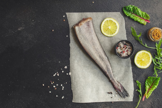 fish raw hake (set of ingredients for cooking) 