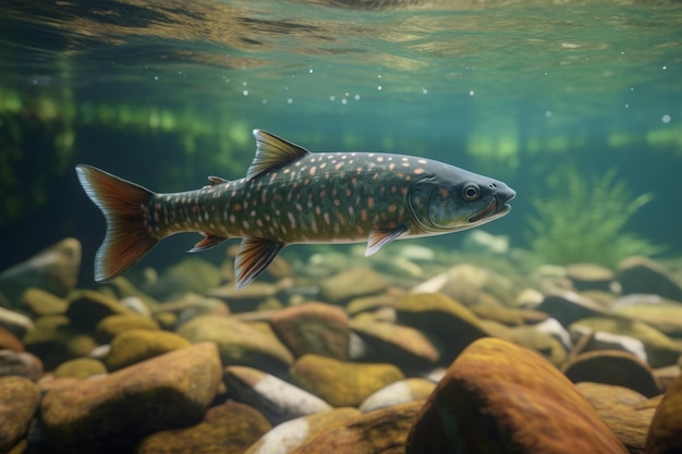 A fish in a rocky landscape with a speckled spotted fish.