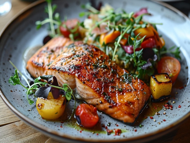 Fish salmon steak with vegetables on the dish