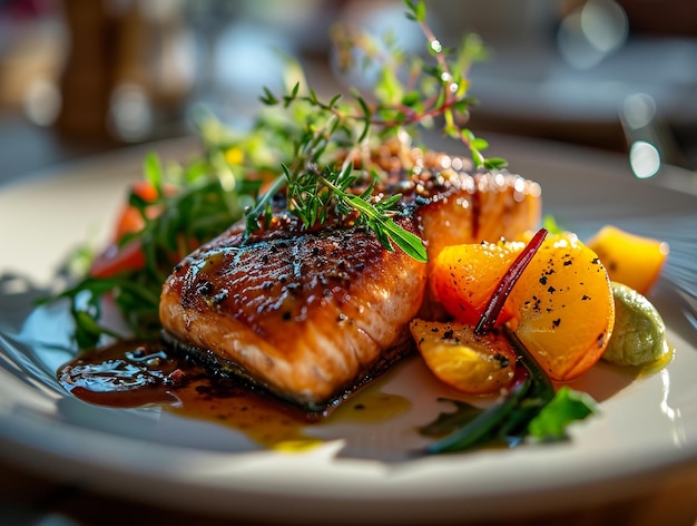 Fish salmon steak with vegetables on the dish