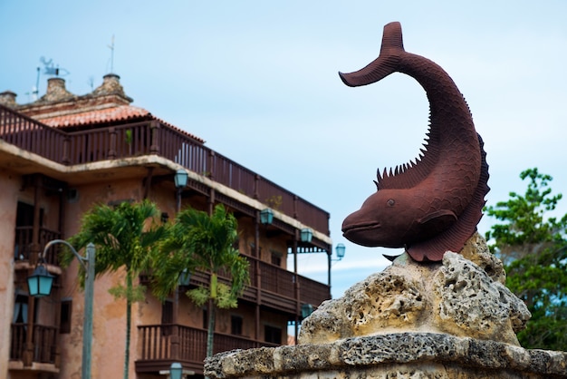 Fish sculpture. Ancient village Altos de Chavon - Colonial town reconstructed in Dominican Republic. Casa de Campo.