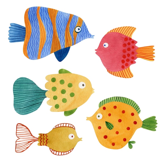 Fish set life underwater cute watercolor illustration