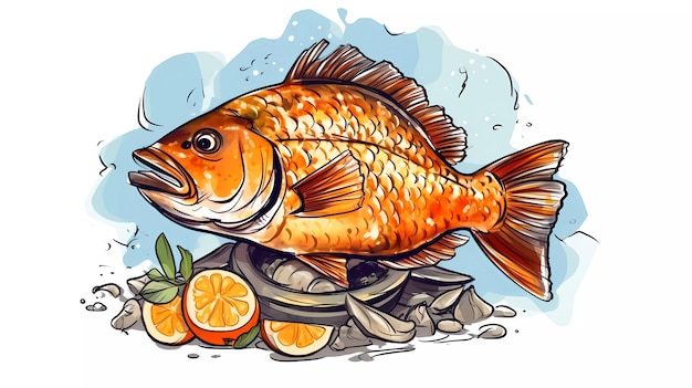 A fish sits on a pile of oranges.