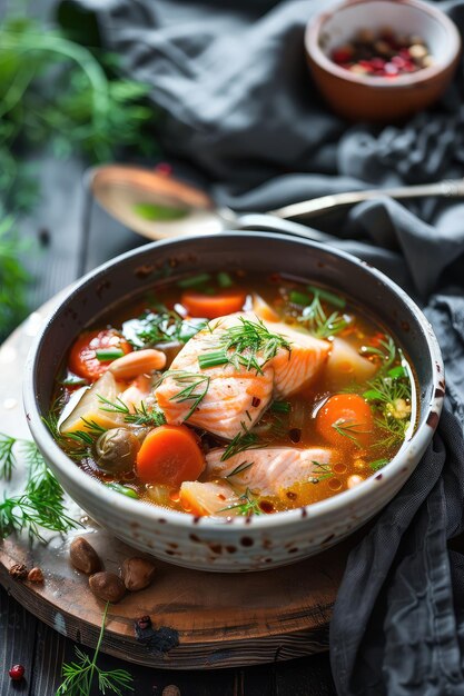 Photo fish soup on a beautiful background selective focus