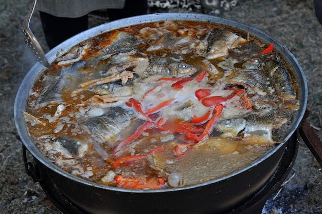 Fish soup boils in cauldron at the stake on the nature.