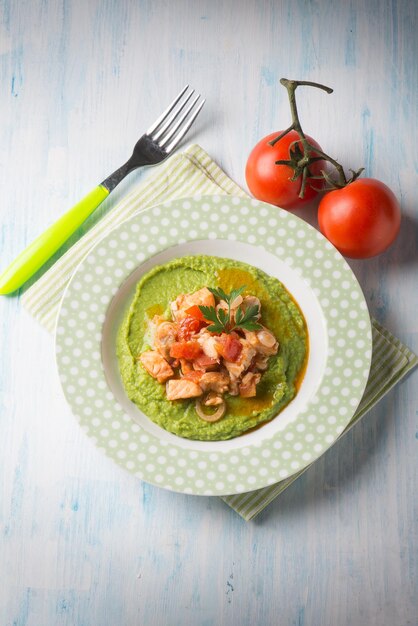 Fish stew with pea cream