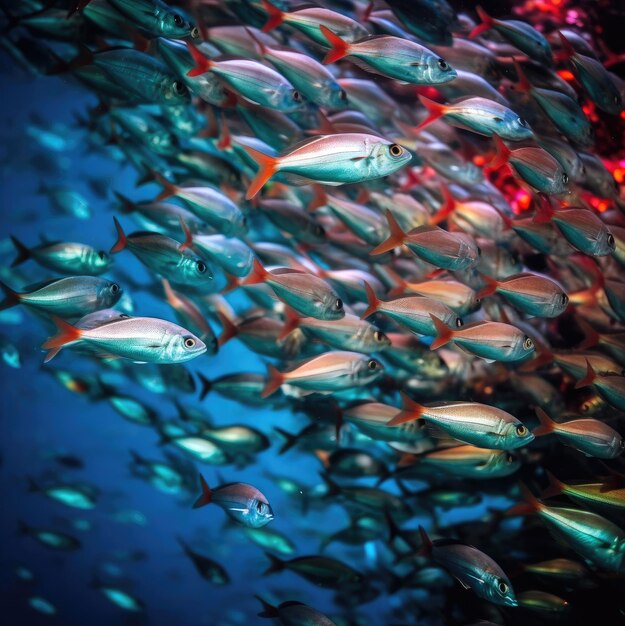 Fish surrounded by young ones in clear deep sea vivid color