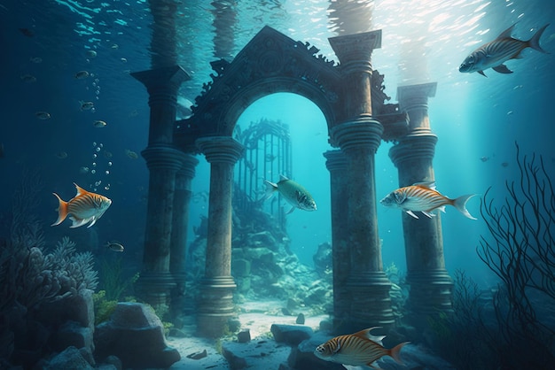 Fish swim among ancient ruins old city in sea underwater generative AI