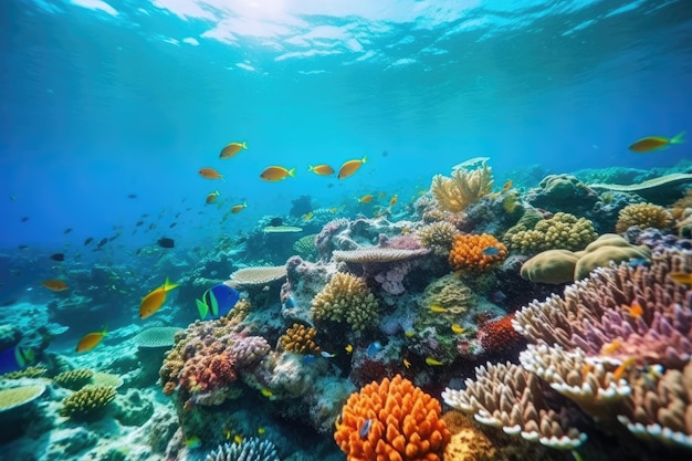 Fish swimming in coral reef under deep blue sea and amazing view of undersea