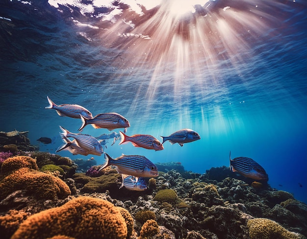 a fish swimming under a coral with the sun shining through the water