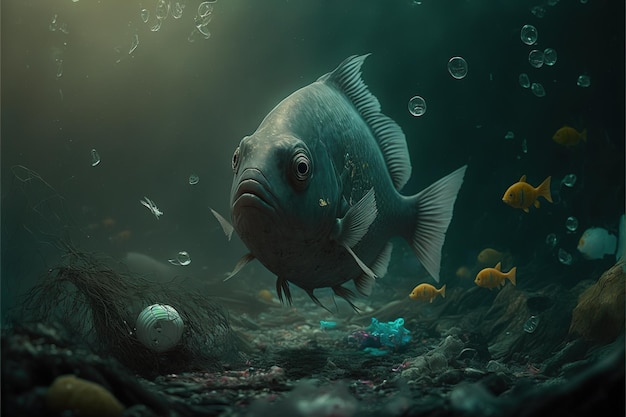 Fish swimming in dirty water near rocks and algae and garbage Generative AI