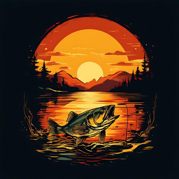 Photo a fish swimming in a lake with a sunset in the background