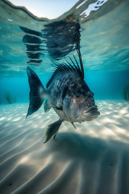 A fish swimming in the ocean with a diver in the background.