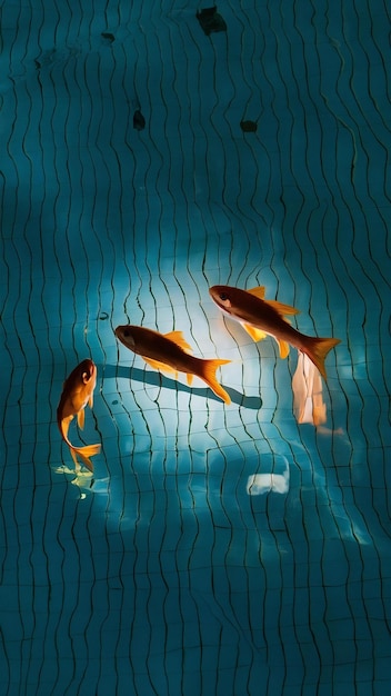 Photo fish swimming in a pool with light shining on them