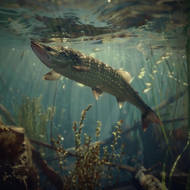 a fish swimming in the water with grass and weeds