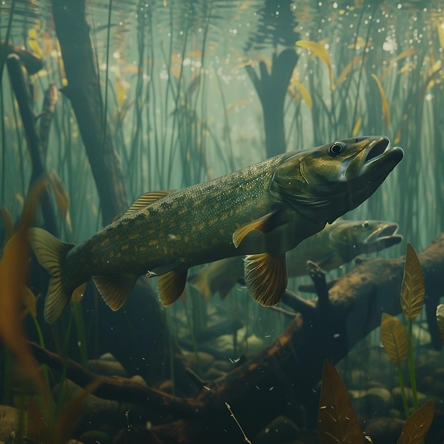 a fish swimming in the water with grass and weeds