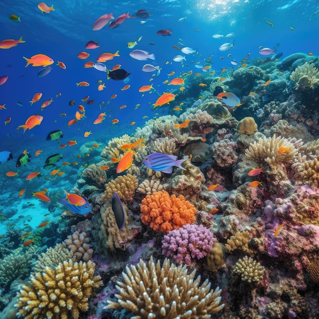 A fish swims over a coral reef with a blue background and the sun shining on it.