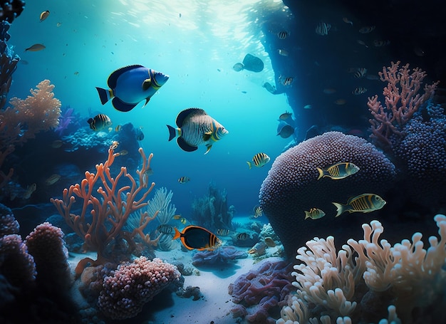 A fish swims in a coral reef with a blue background.