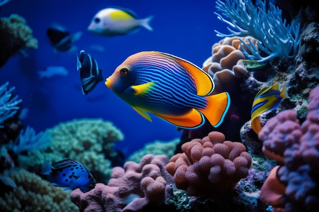 A fish swims in a coral reef