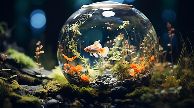 Fish swims in a glass aquarium