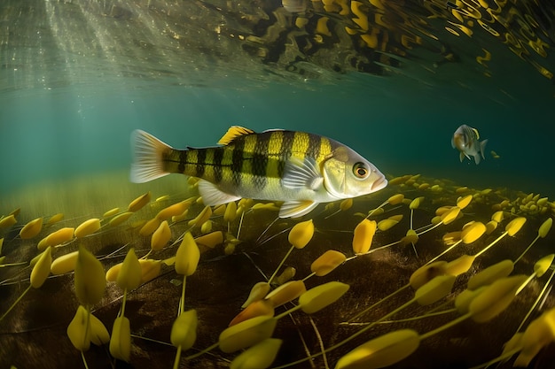 A fish swims under a sea of fish