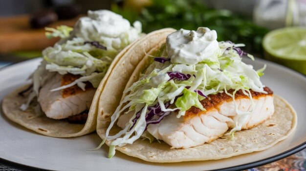 Photo fish tacos with fresh cabbage slaw and lime crema