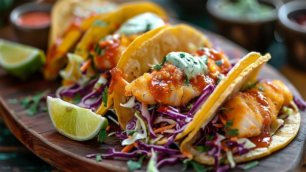 Photo fish tacos with fresh cabbage slaw and lime crema