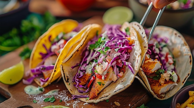 Photo fish tacos with fresh cabbage slaw and lime crema