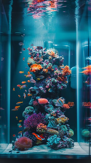 a fish tank with a blue background and a coral in the bottom