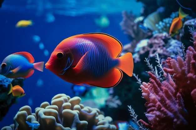 A fish in a tank with a blue background and a red fish with a blue background.