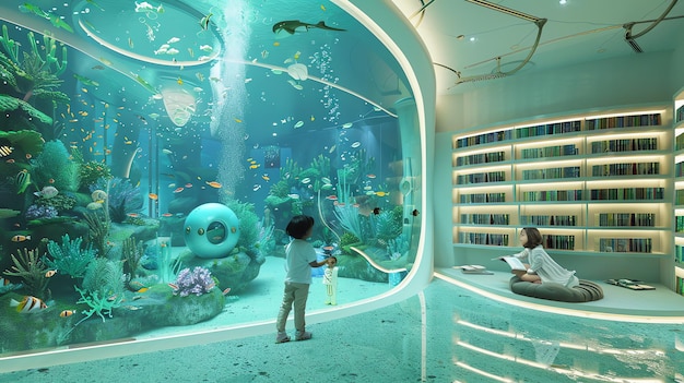 Photo a fish tank with a cartoon character and two children looking at the fish tank