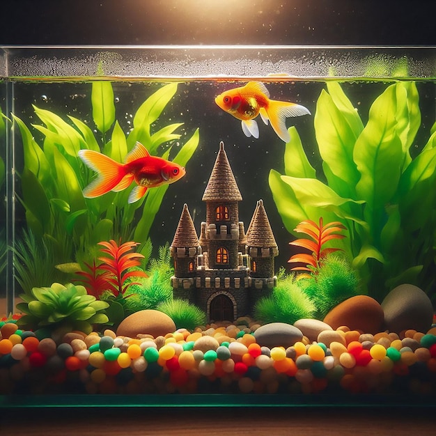 a fish tank with a castle and a castle in it