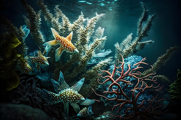 A fish tank with a coral reef and a starfish on it.