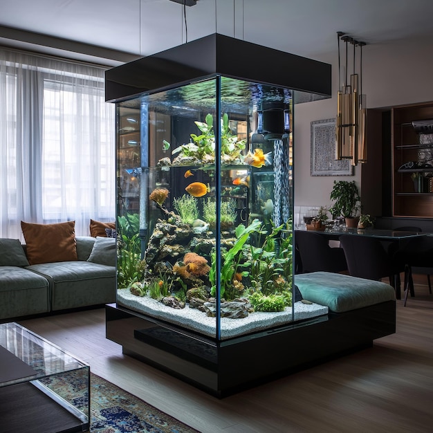 Photo a fish tank with a fish tank in the middle of the room